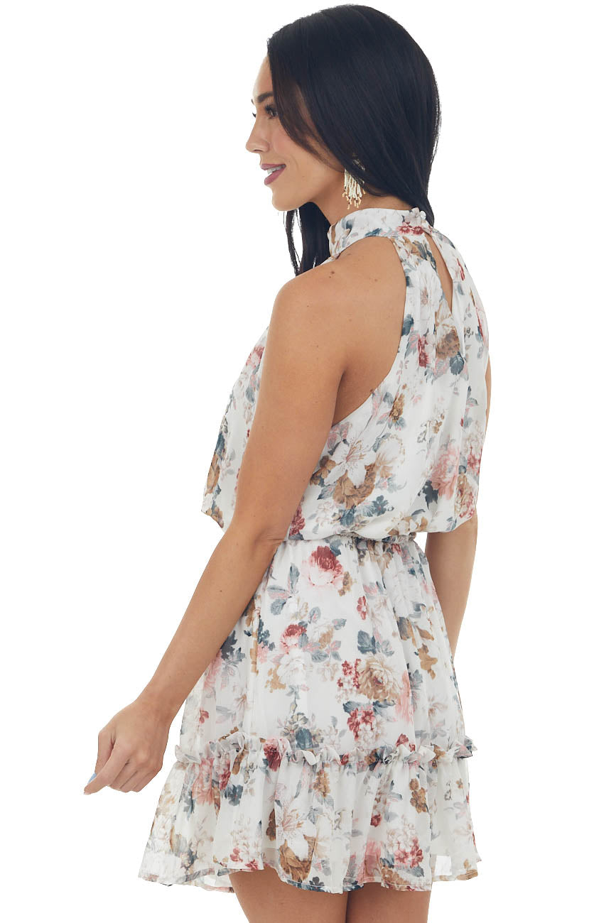 Off White Floral Print Halter Neck Sleeveless Woven Dress