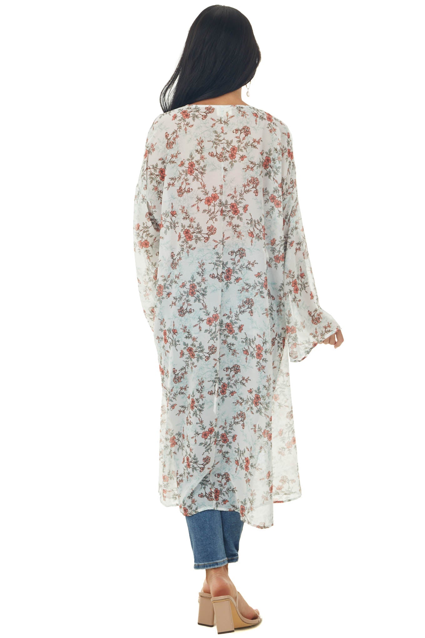 Off White Floral Print Long Sleeve Kimono
