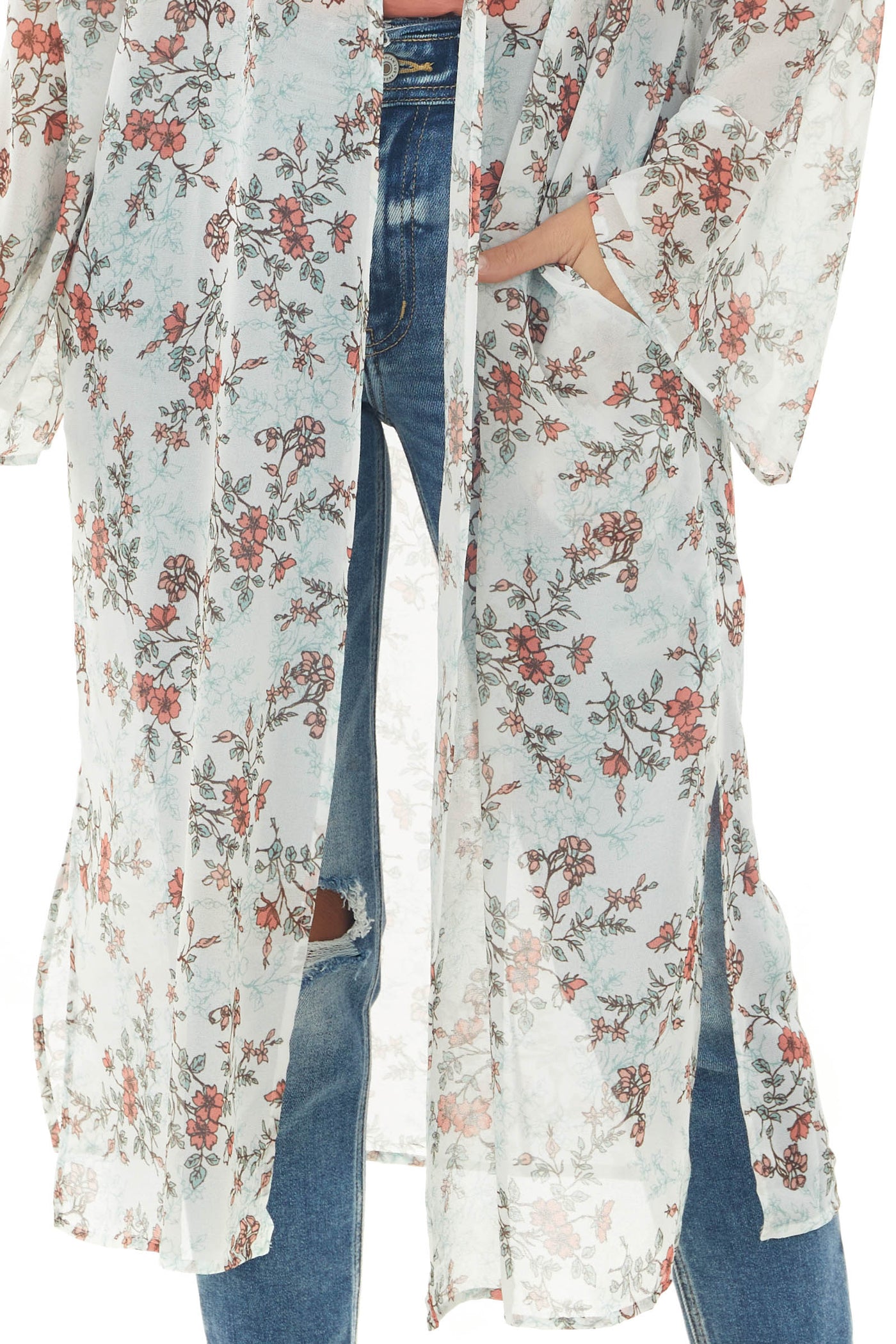Off White Floral Print Long Sleeve Kimono