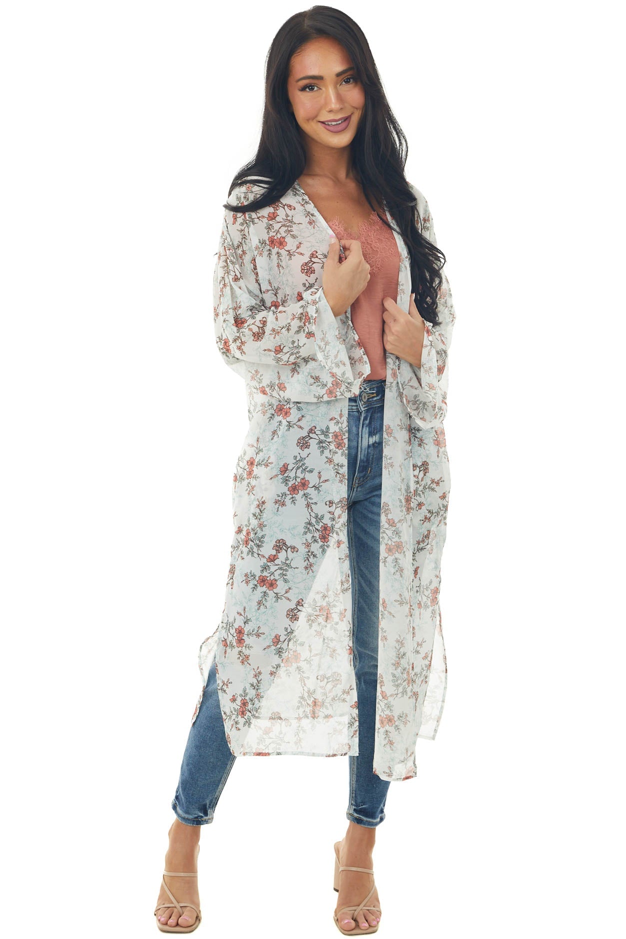 Off White Floral Print Long Sleeve Kimono