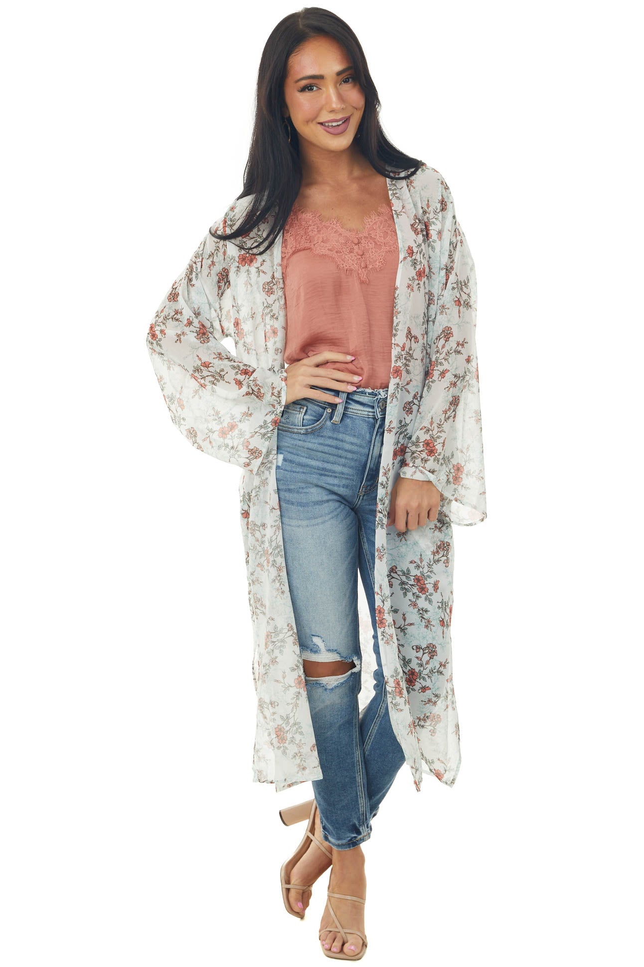 Off White Floral Print Long Sleeve Kimono