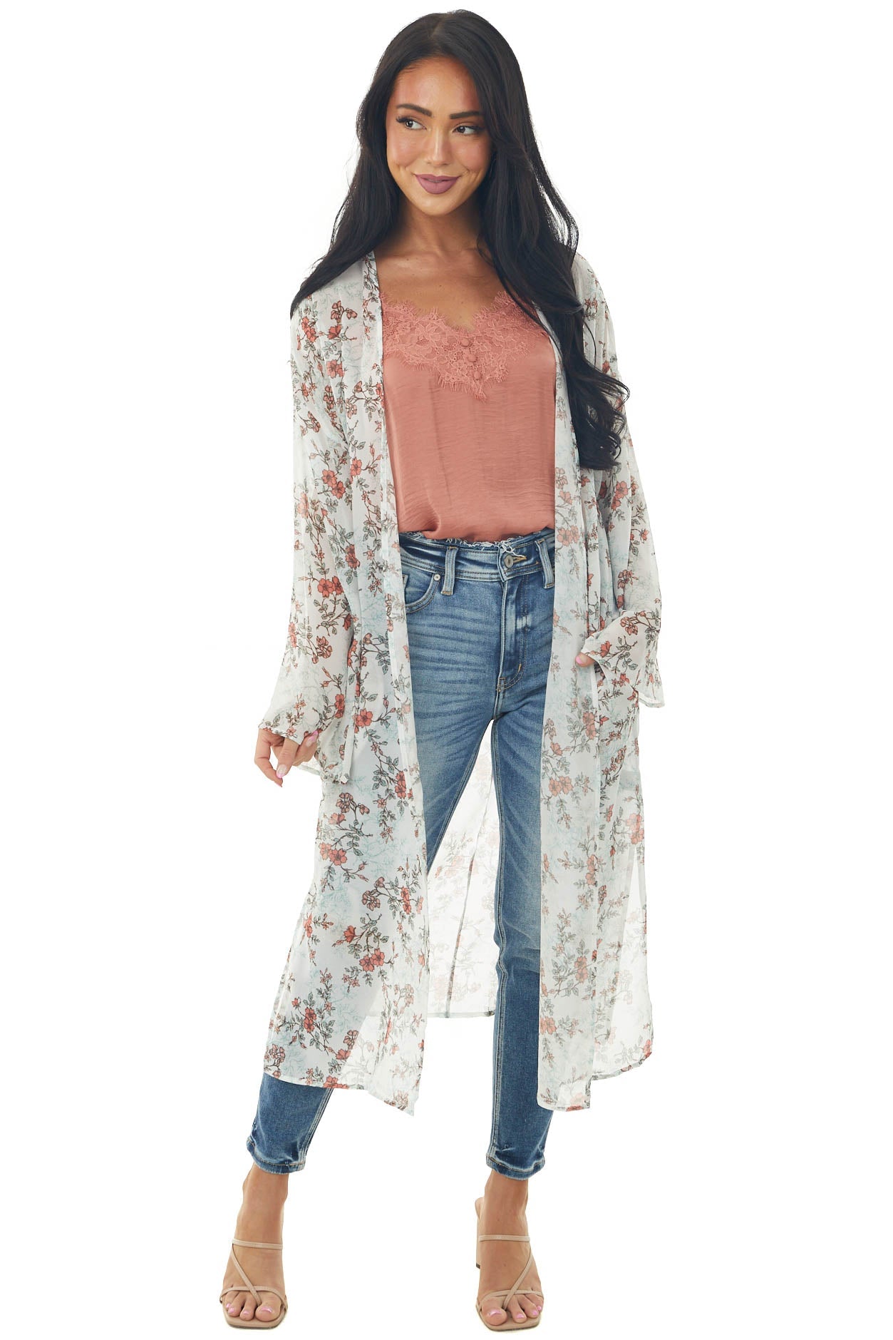 Off White Floral Print Long Sleeve Kimono