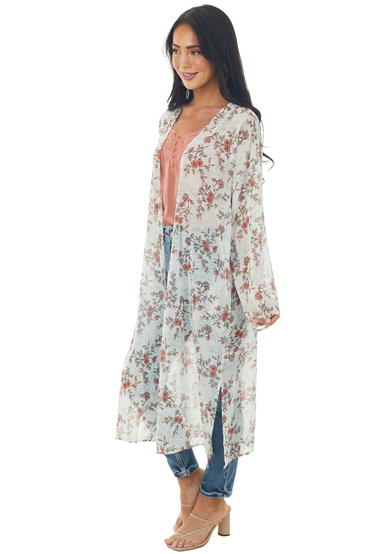 Off White Floral Print Long Sleeve Kimono