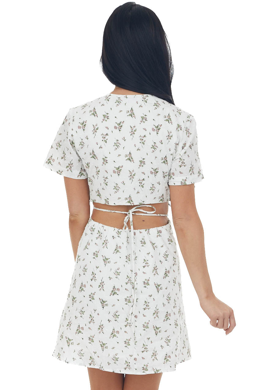 Off White Floral Print Swiss Dot Mini Dress