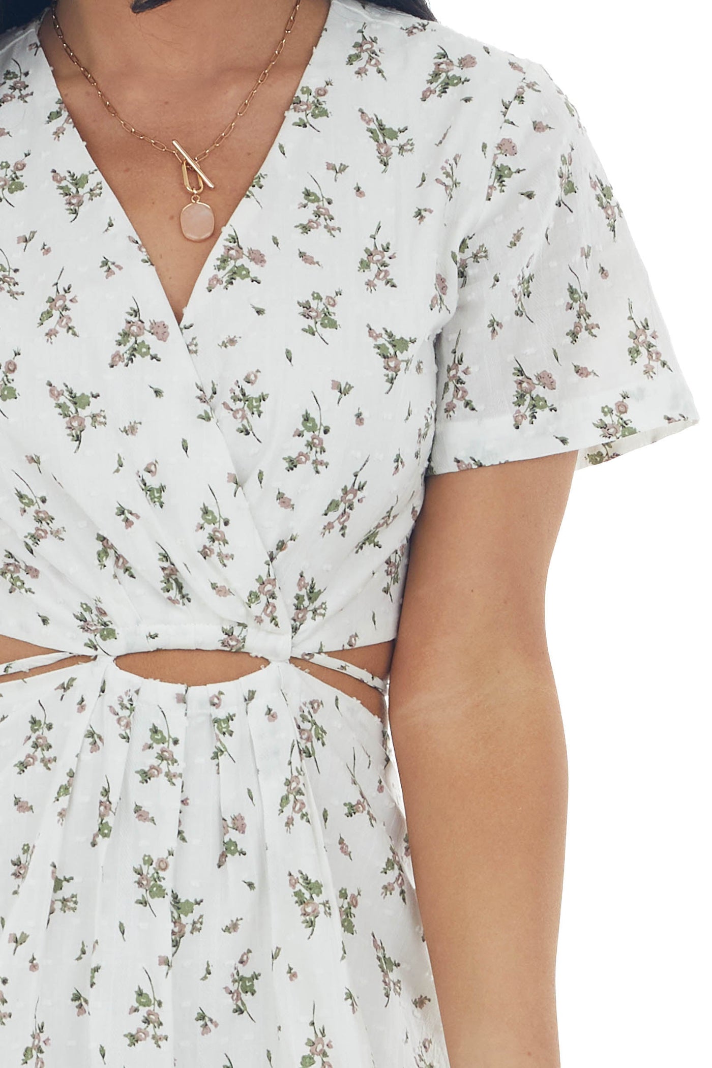 Off White Floral Print Swiss Dot Mini Dress