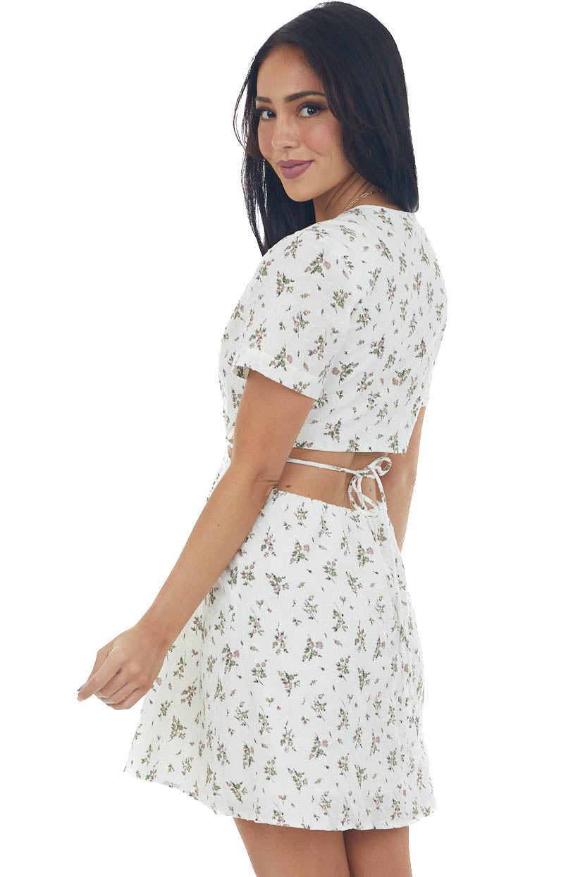 Off White Floral Print Swiss Dot Mini Dress