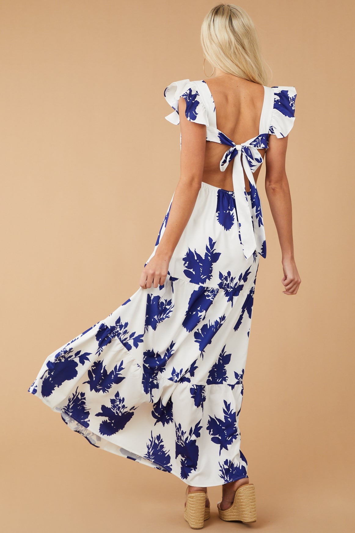 Off White Floral Ruffle Strap Tiered Maxi Dress