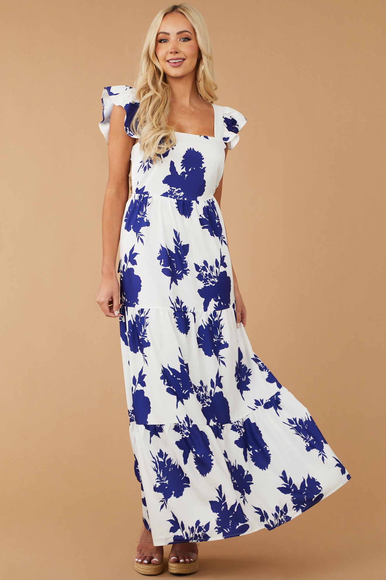 Off White Floral Ruffle Strap Tiered Maxi Dress