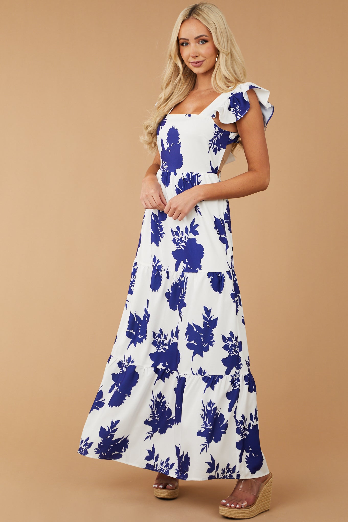 Off White Floral Ruffle Strap Tiered Maxi Dress