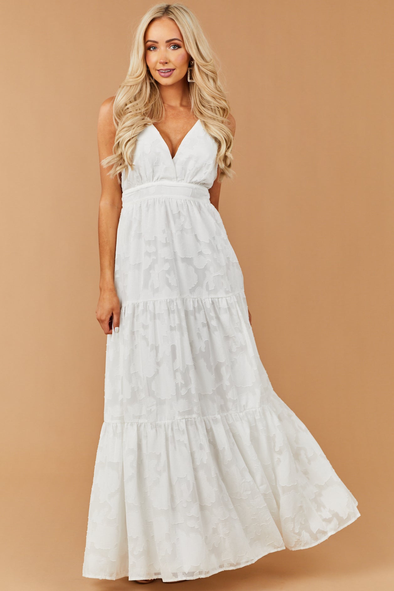 Off White Floral Textured V Neck Woven Maxi Dress