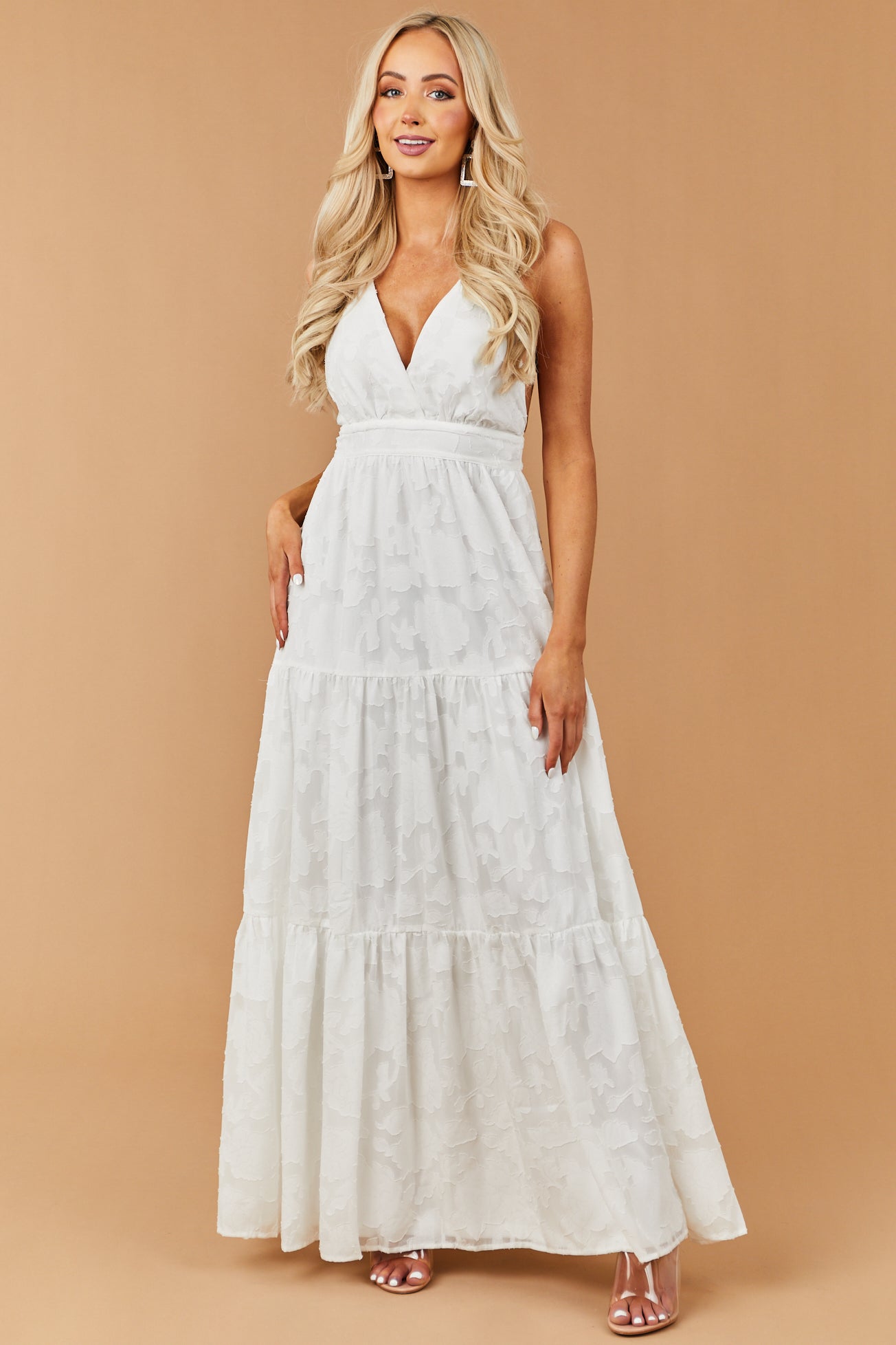 Off White Floral Textured V Neck Woven Maxi Dress