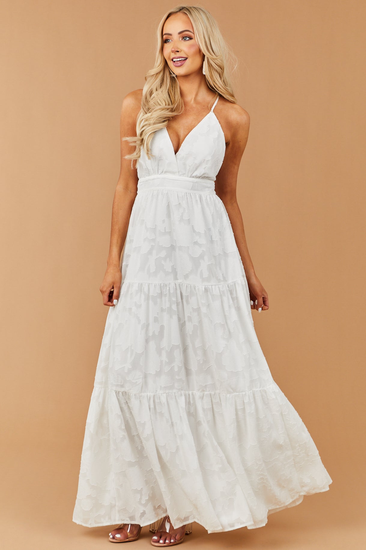 Off White Floral Textured V Neck Woven Maxi Dress