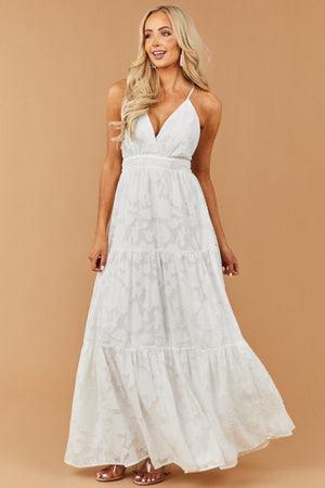 Off White Floral Textured V Neck Woven Maxi Dress