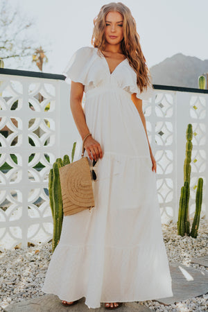 Off White Flutter Sleeve Tiered Maxi Dress
