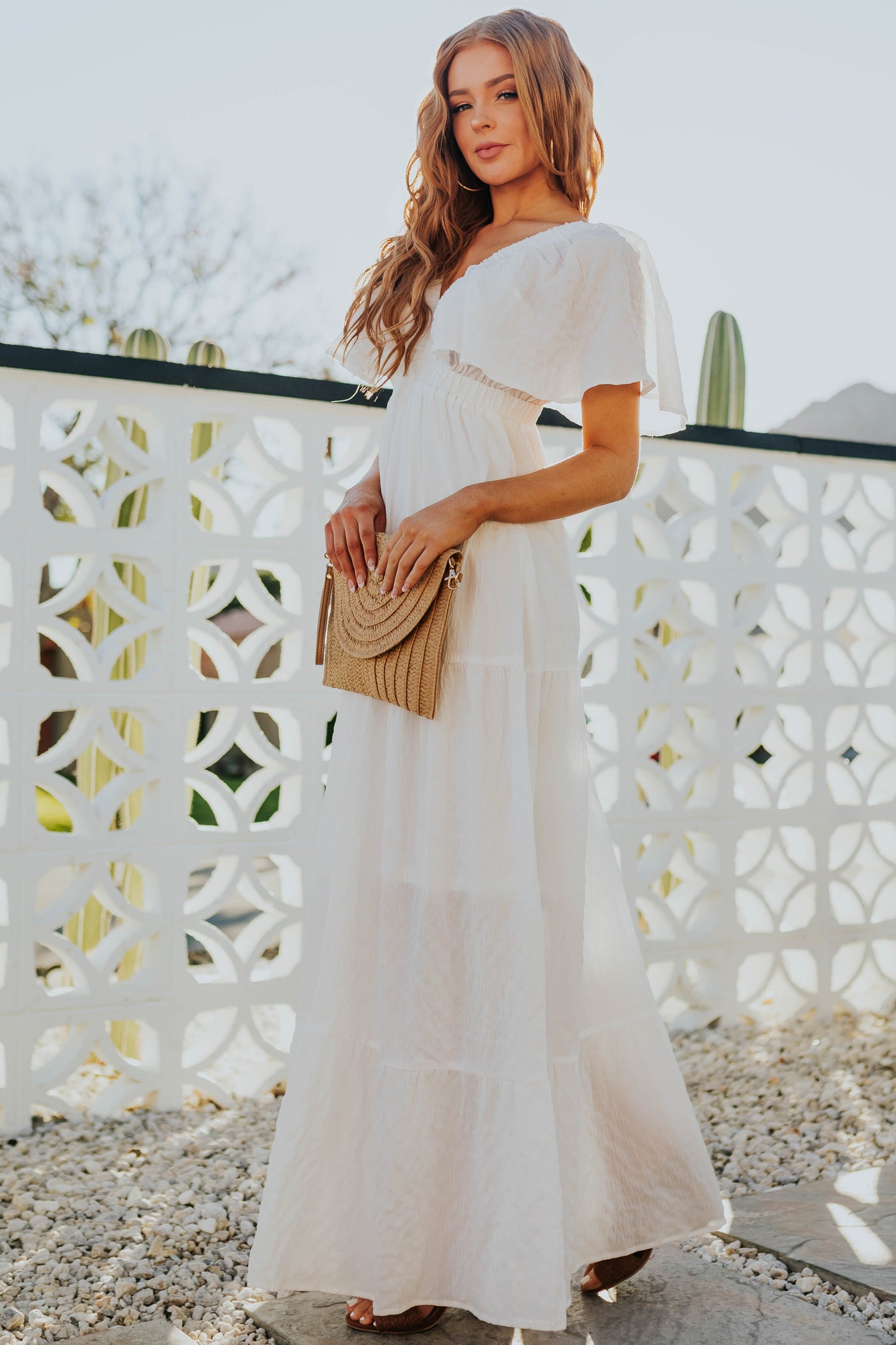Off White Flutter Sleeve Tiered Maxi Dress