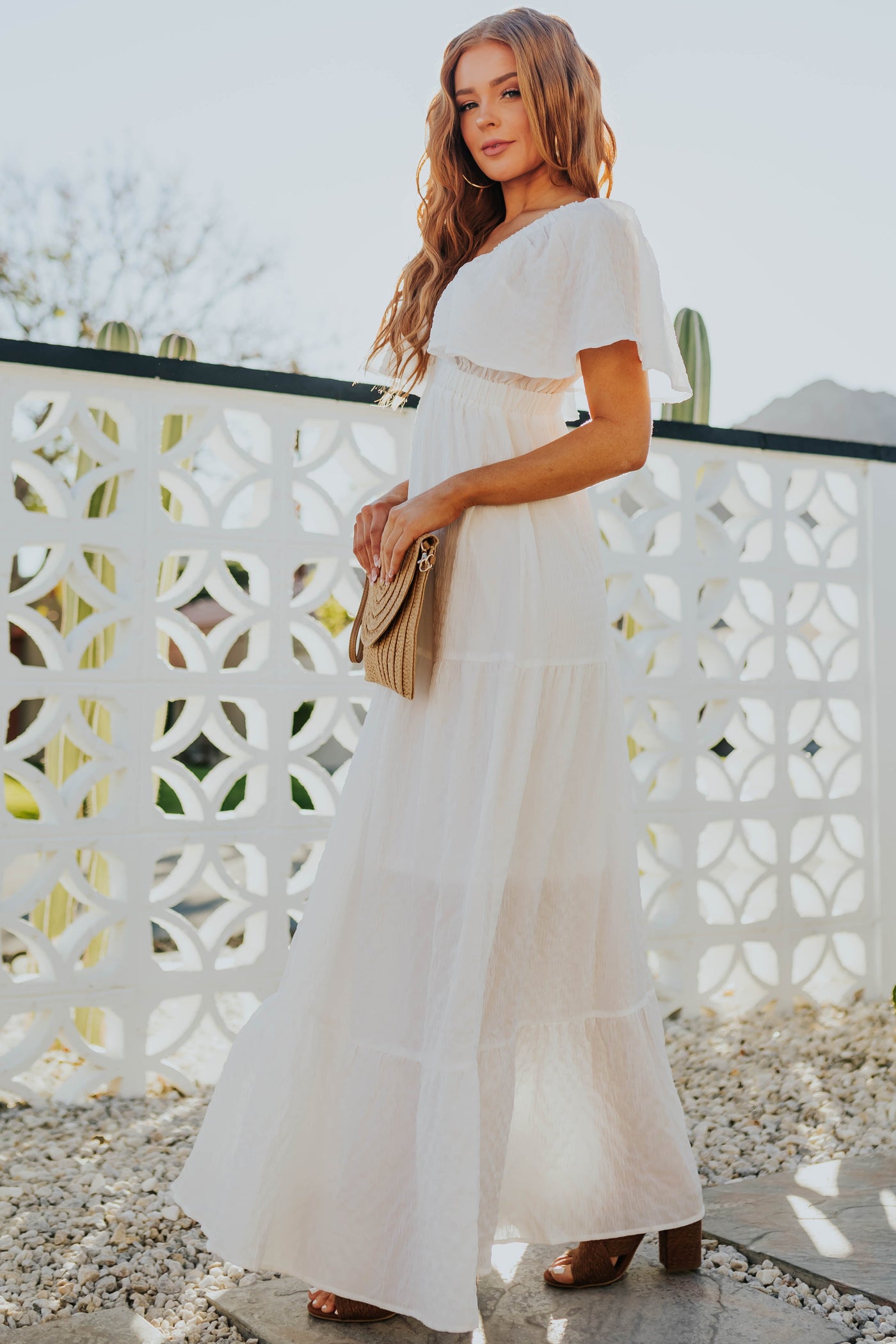 Off White Flutter Sleeve Tiered Maxi Dress