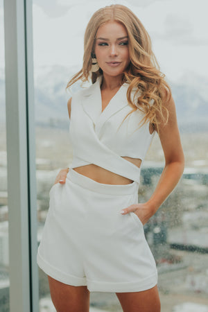 Off White Front Wrap Sleeveless Blazer Romper