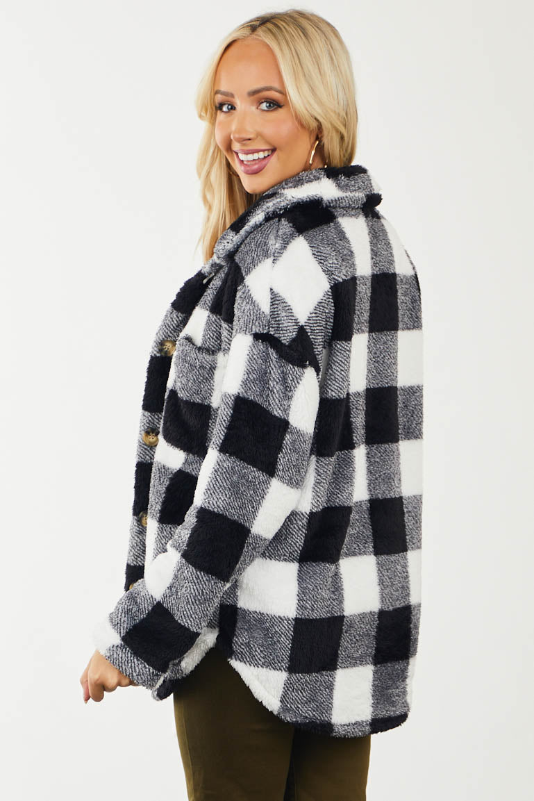Off White Fuzzy Buffalo Plaid Button Up Shacket