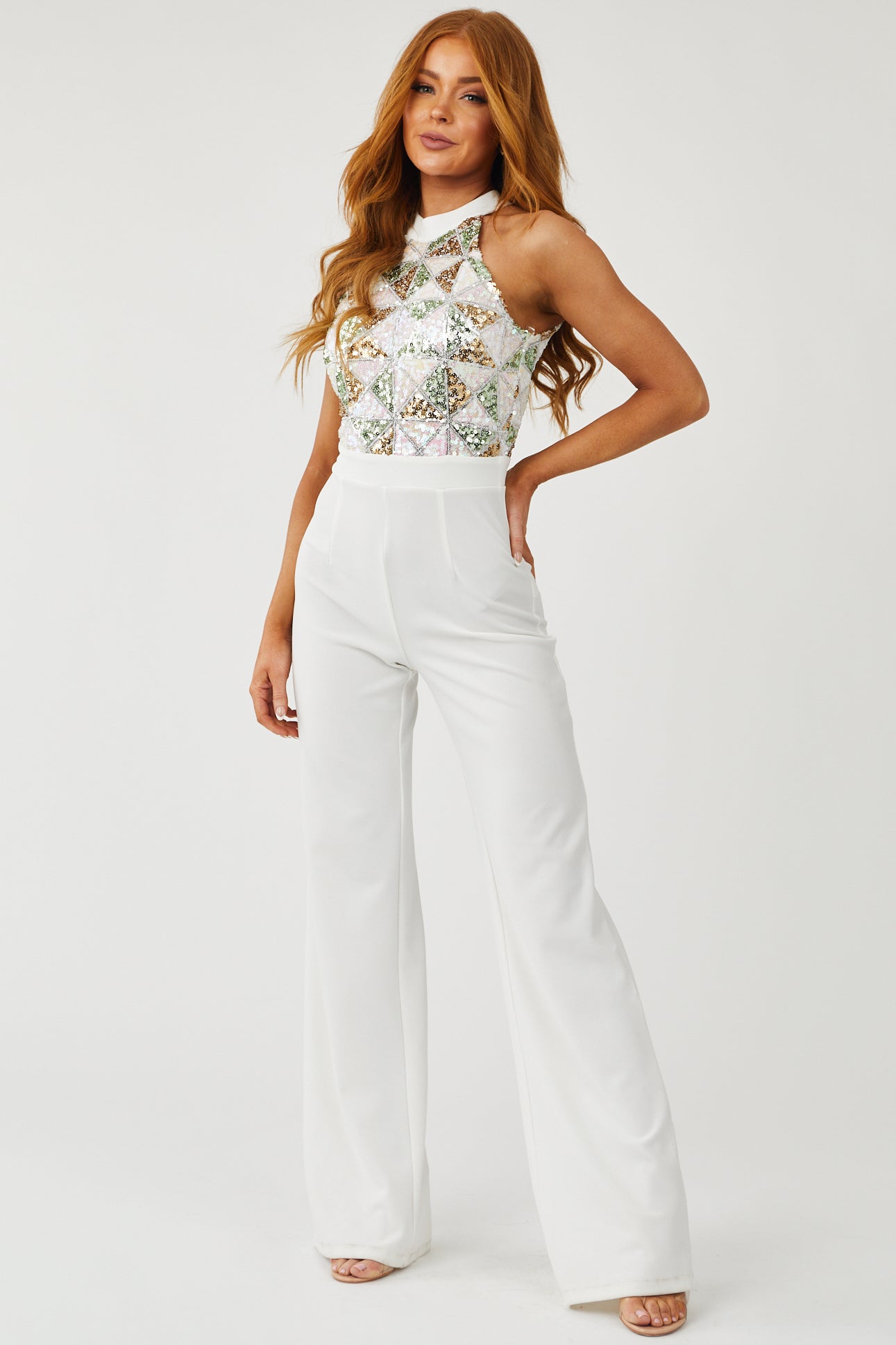 Off White Geometric Sequin Halter Neck Jumpsuit