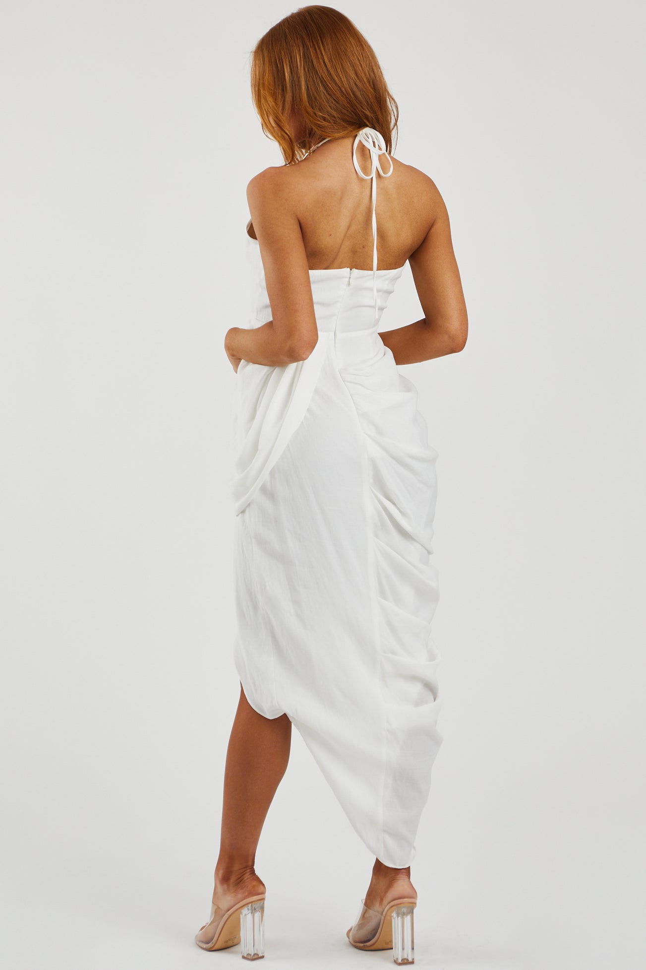 Off White Halter Neck Asymmetrical Drape Dress