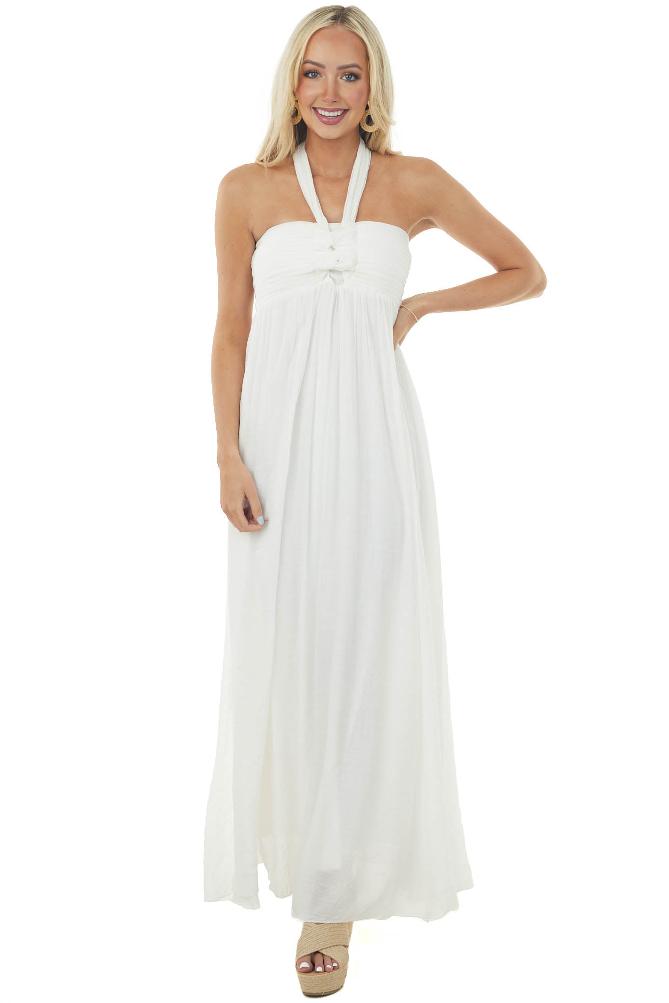 Off White Halter Neck Sleeveless Maxi Dress