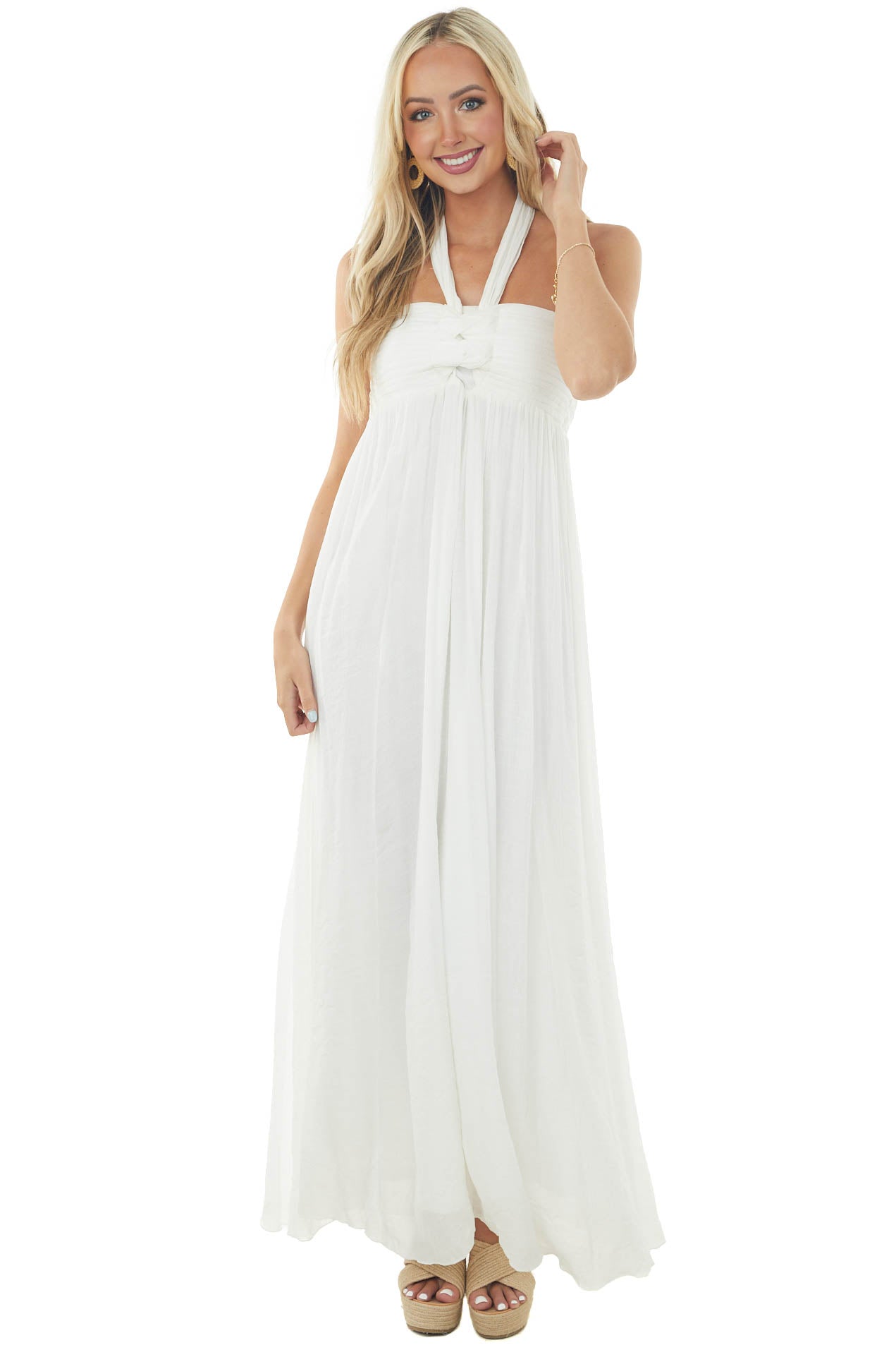 Off White Halter Neck Sleeveless Maxi Dress
