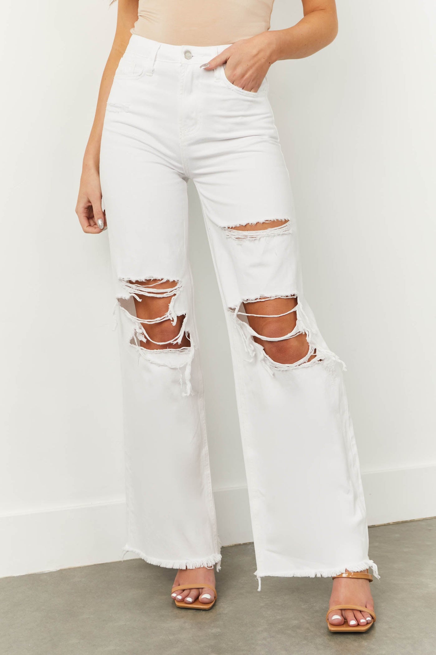 Off White High Rise 90s Loose Fit Distressed Jeans