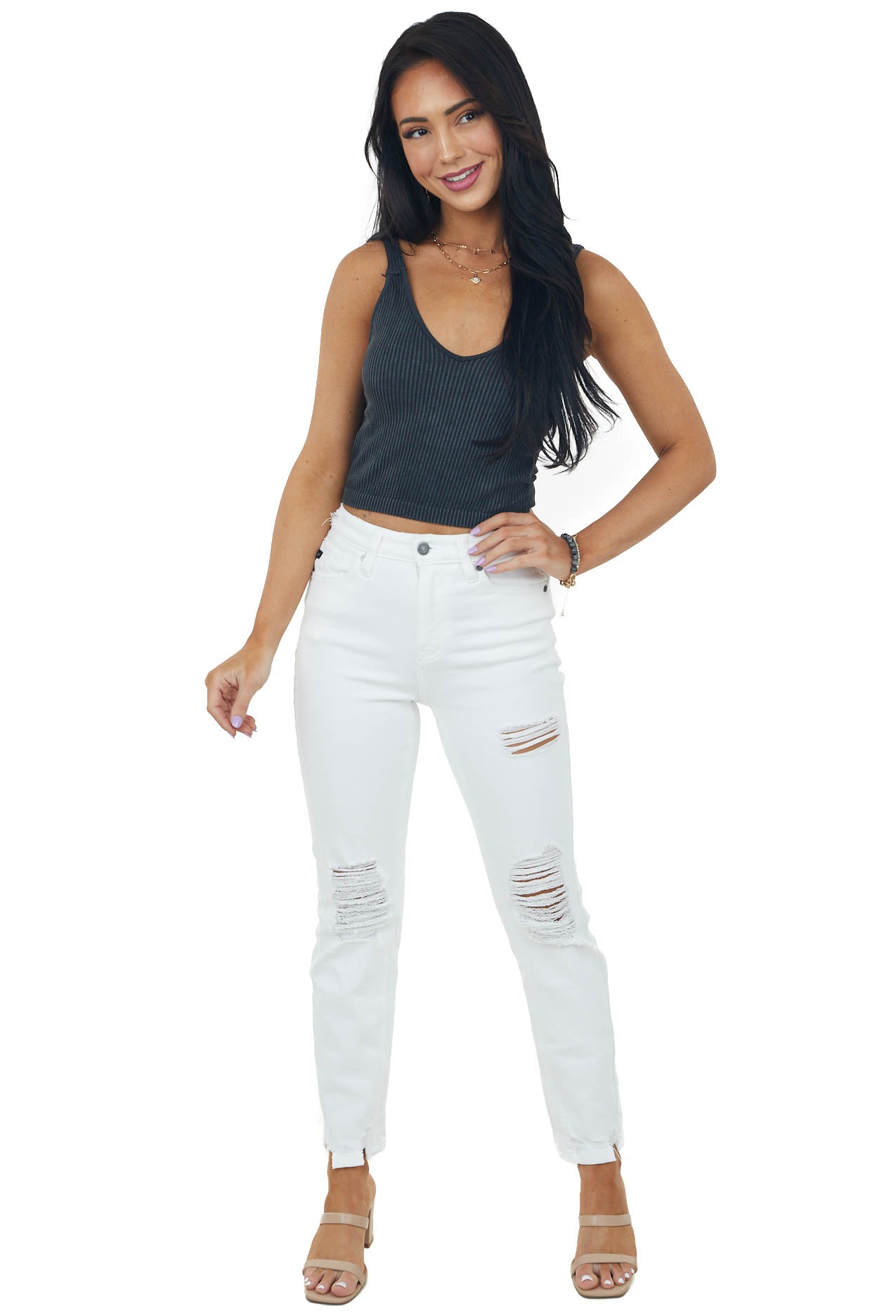 Off White High Rise Distressed Straight Jeans