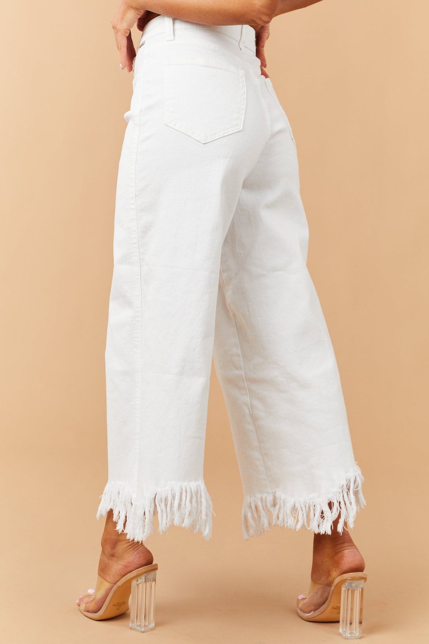 Off White High Rise Frayed Hem Wide Leg Jeans