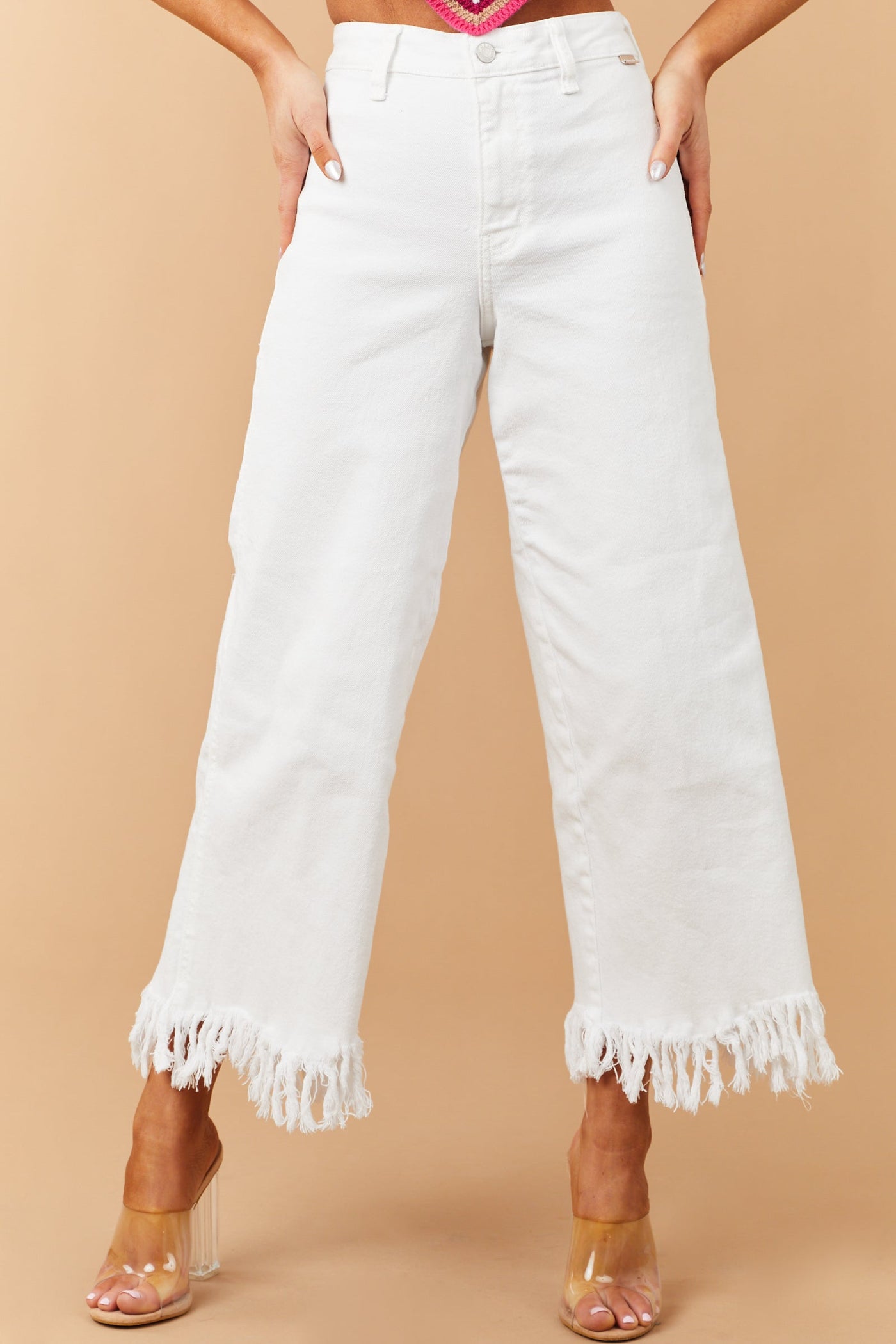 Off White High Rise Frayed Hem Wide Leg Jeans