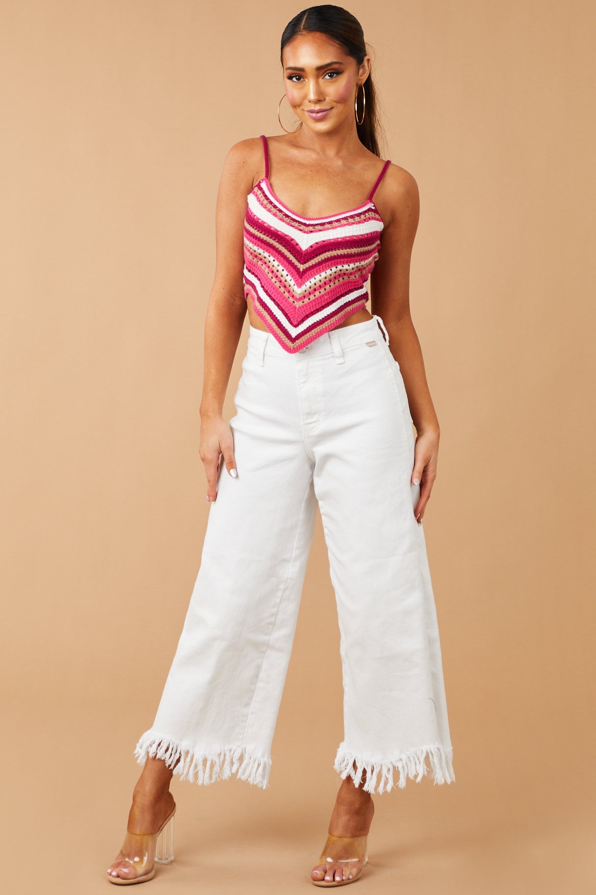 Off White High Rise Frayed Hem Wide Leg Jeans