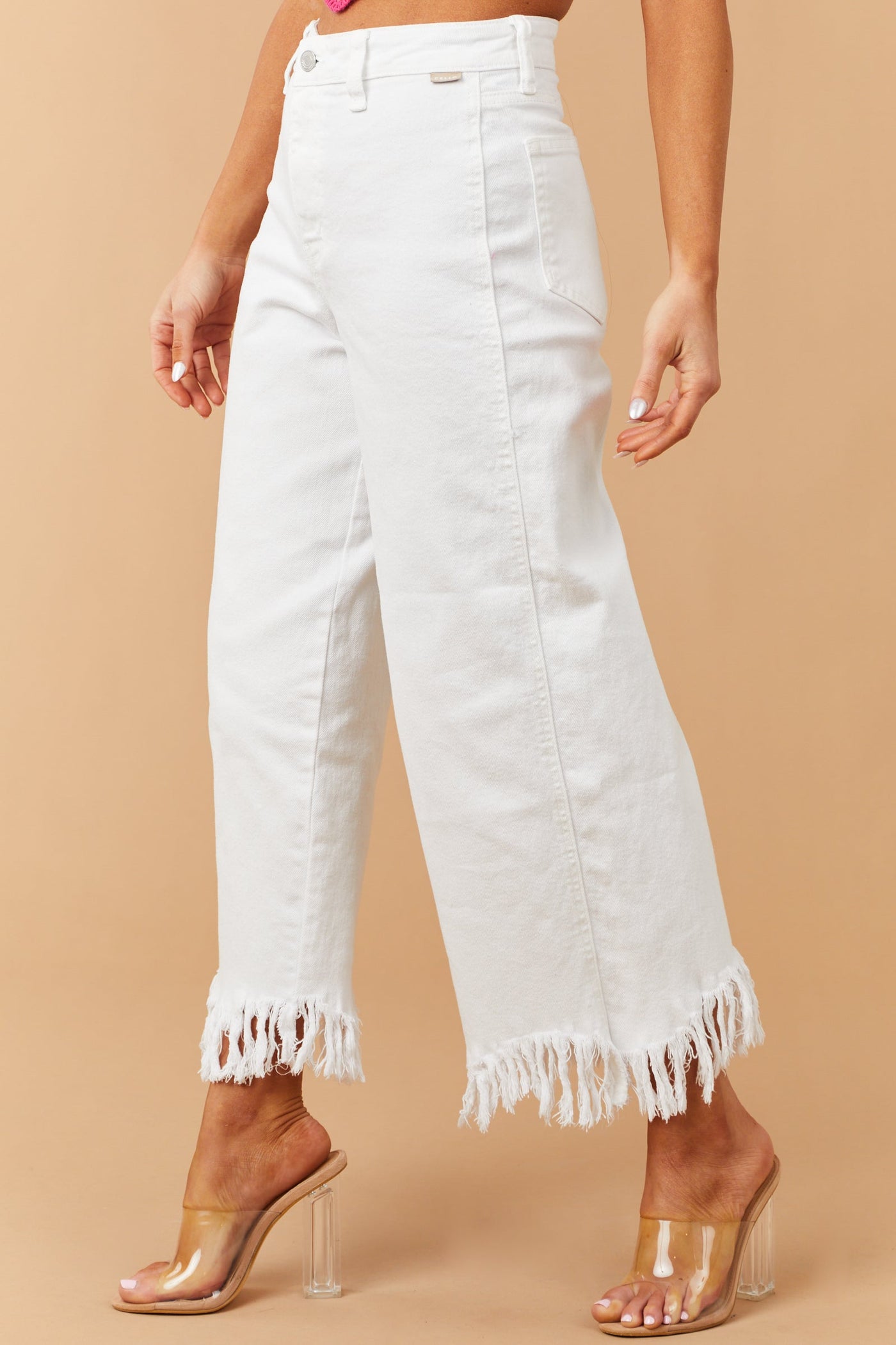 Off White High Rise Frayed Hem Wide Leg Jeans