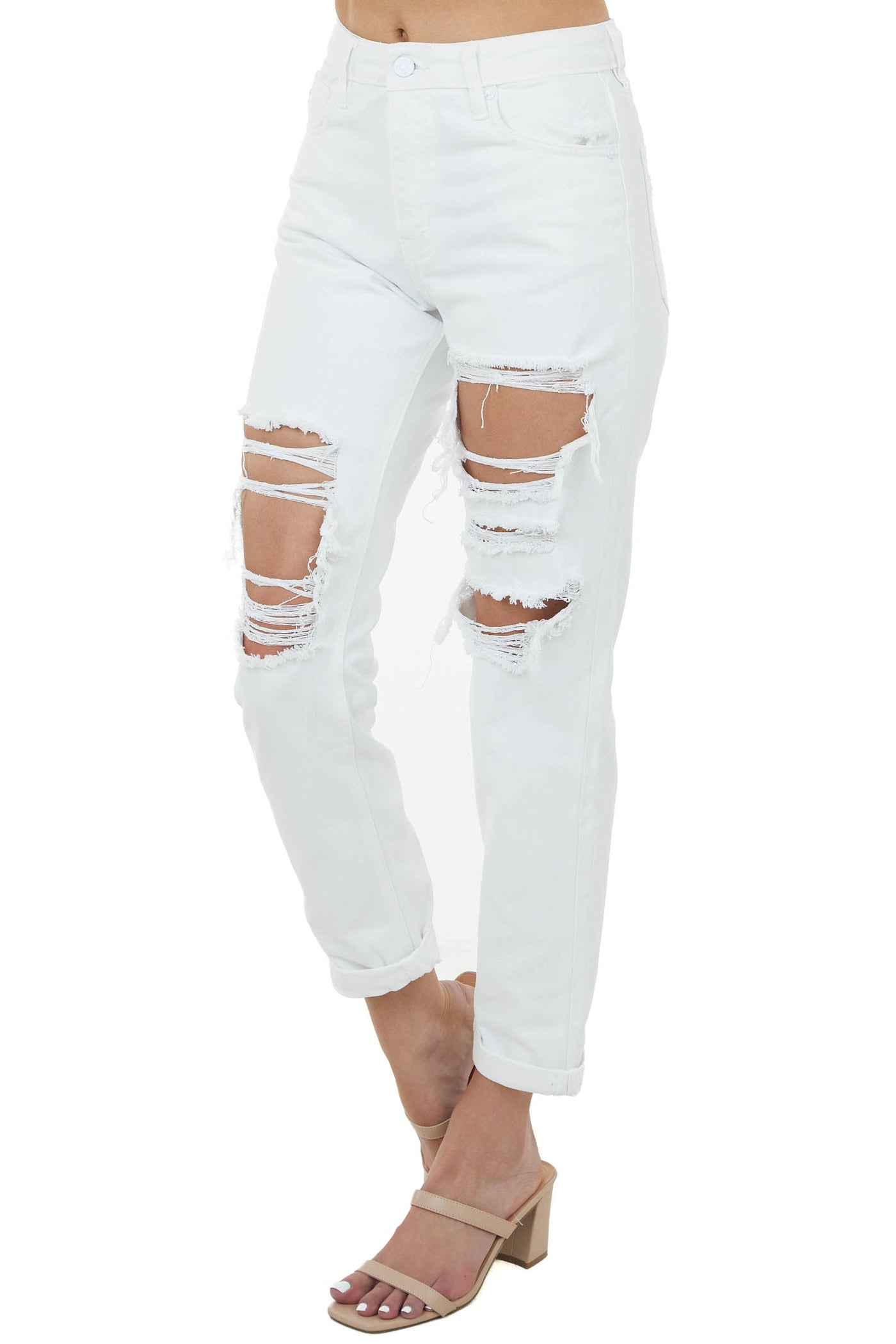 Off White High Rise Heavily Distressed Denim Jeans