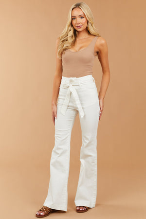 Off White High Rise Waist Tie Belt Flare Jeans