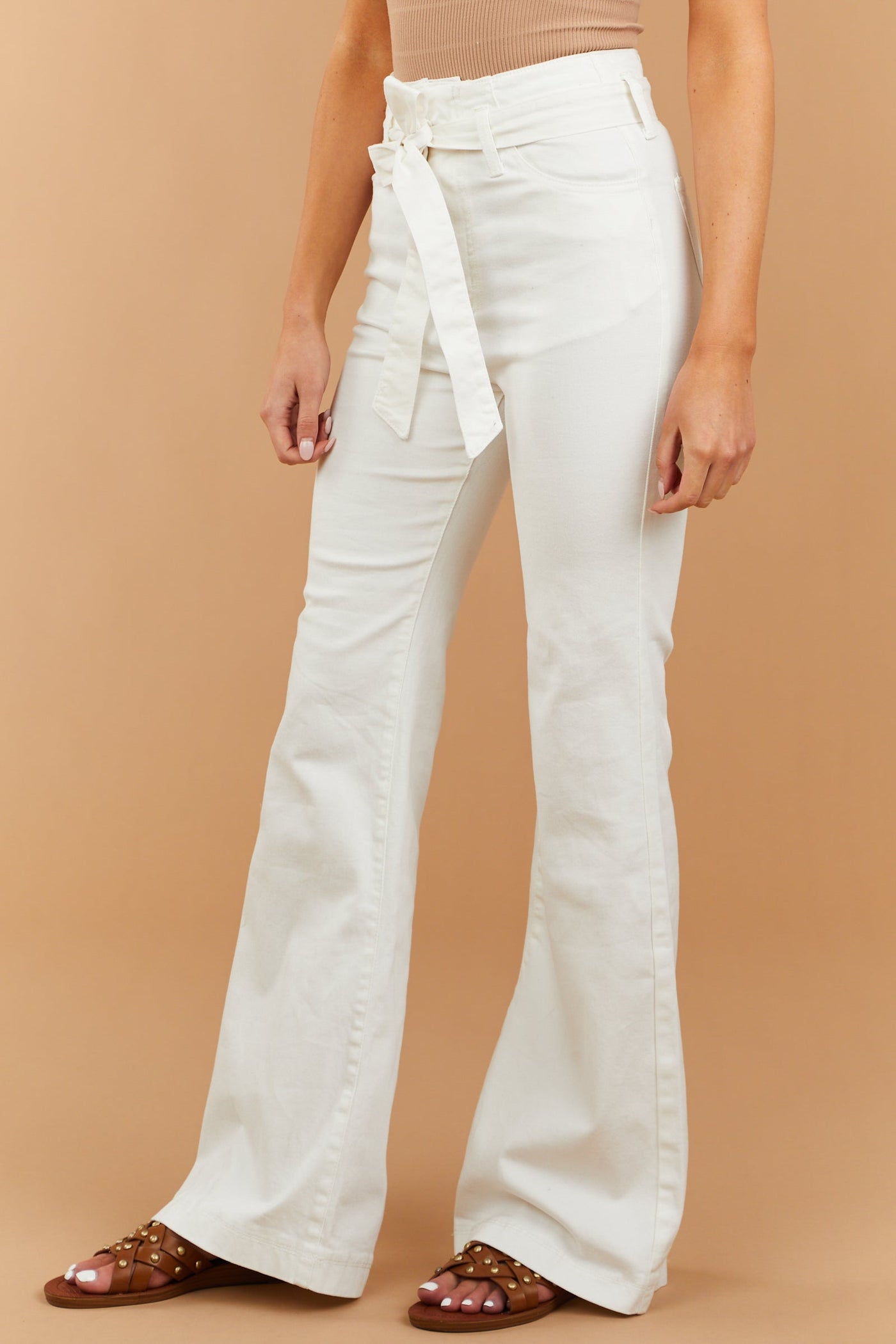 Off White High Rise Waist Tie Belt Flare Jeans