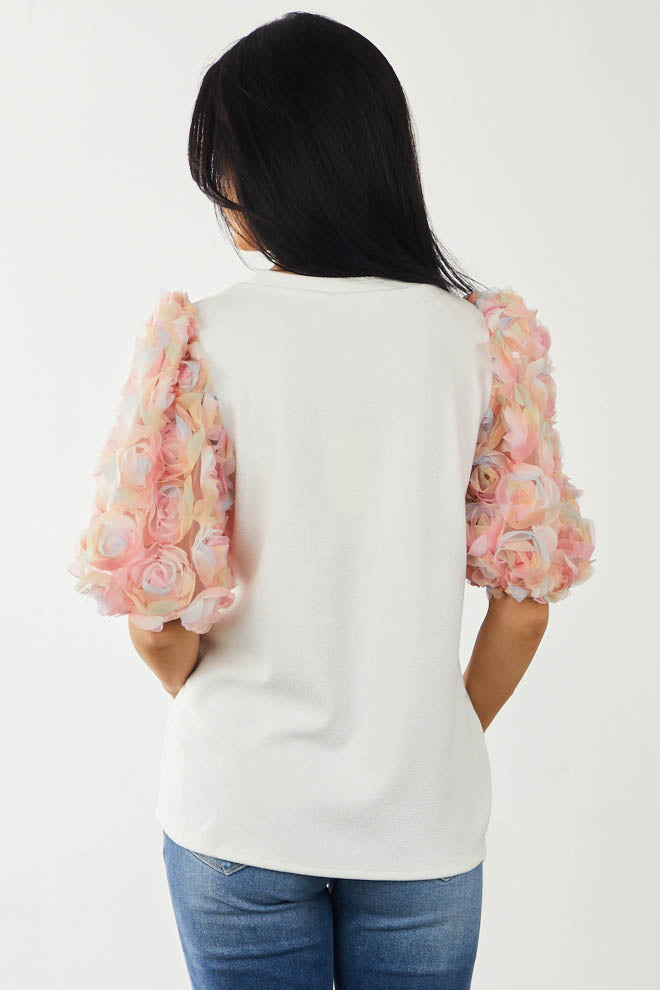 Off White Knit Top with Flower Embellished Sleeves