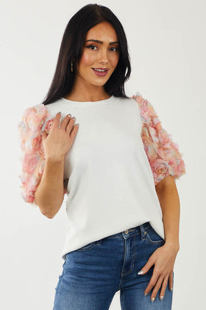 Off White Knit Top with Flower Embellished Sleeves