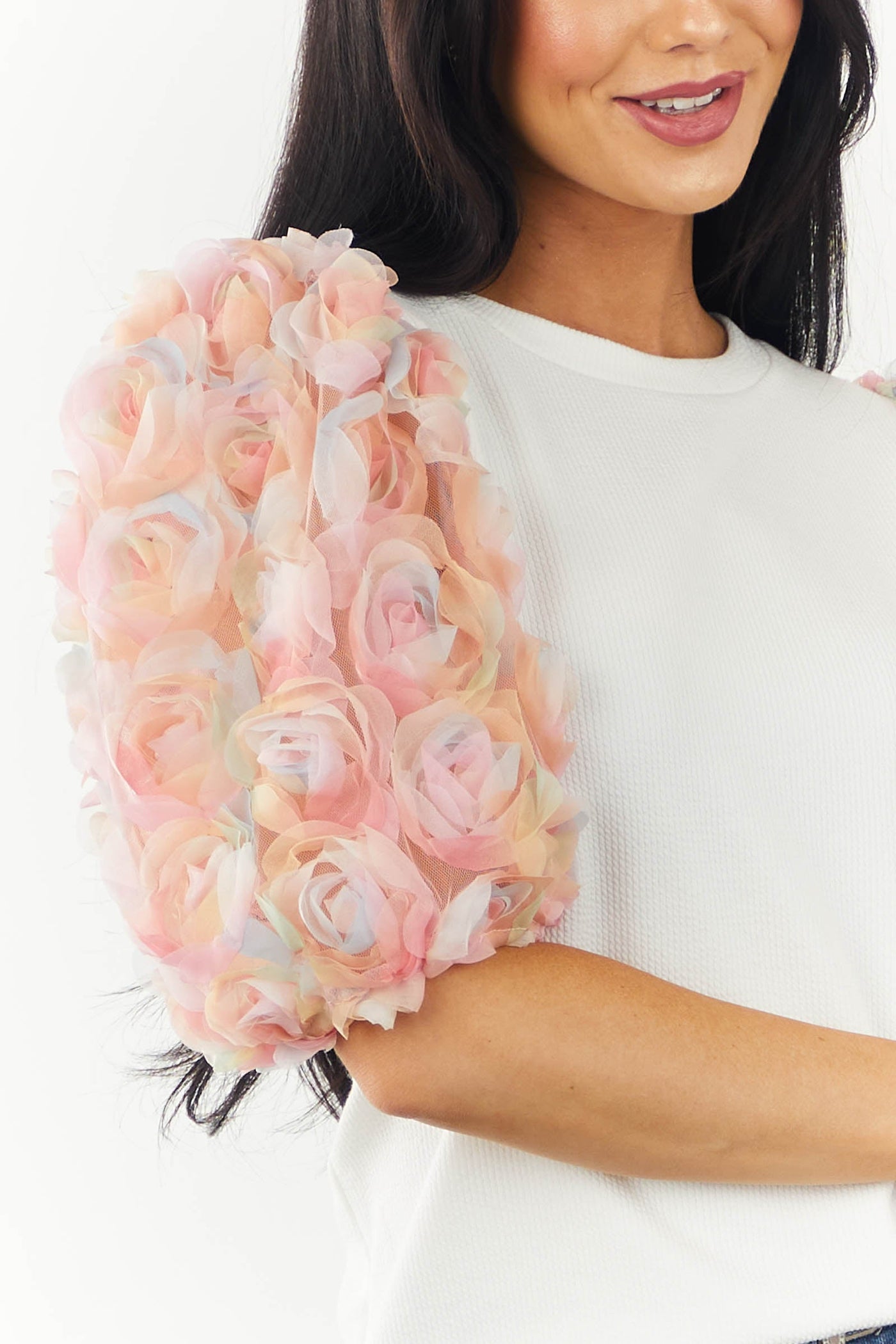 Off White Knit Top with Flower Embellished Sleeves