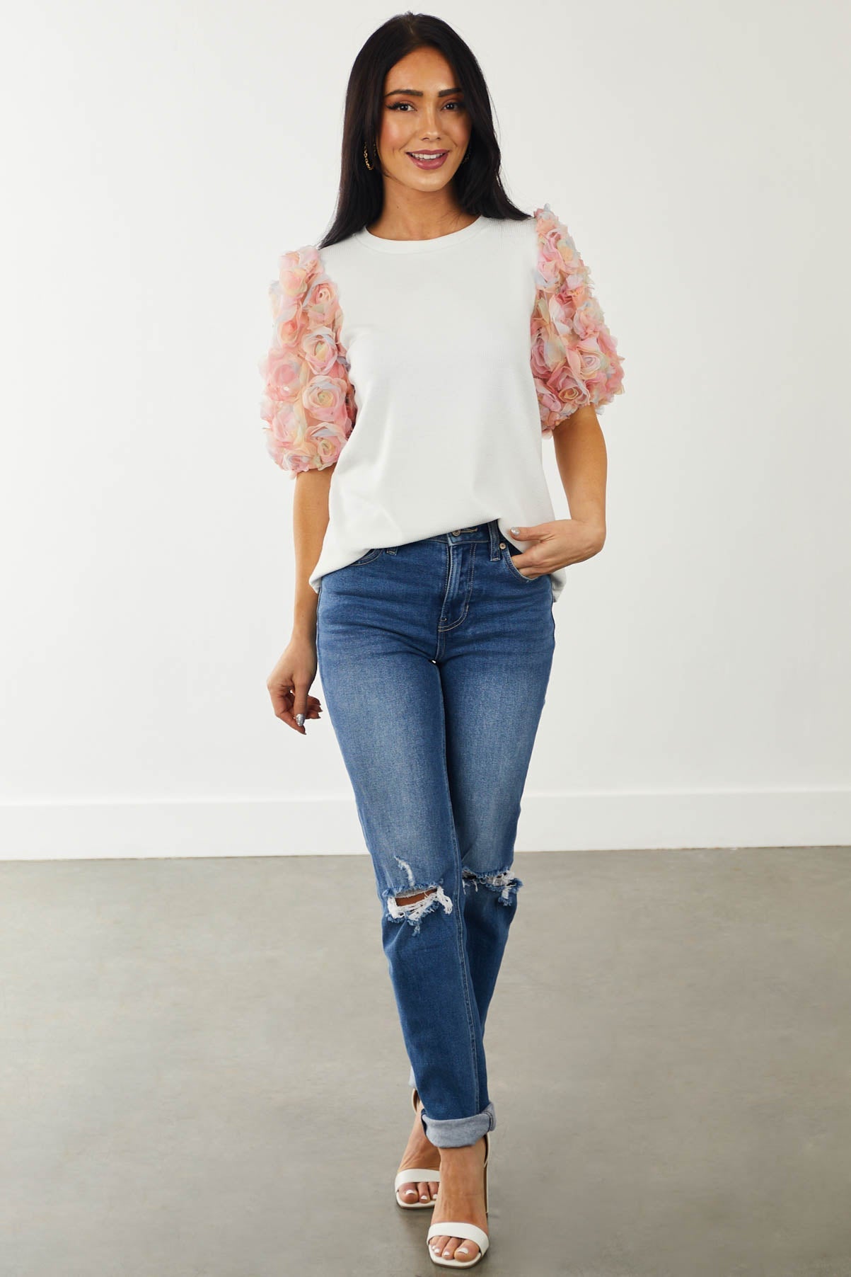 Off White Knit Top with Flower Embellished Sleeves