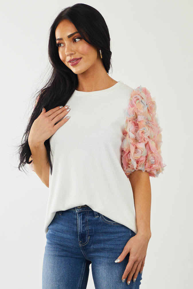 Off White Knit Top with Flower Embellished Sleeves