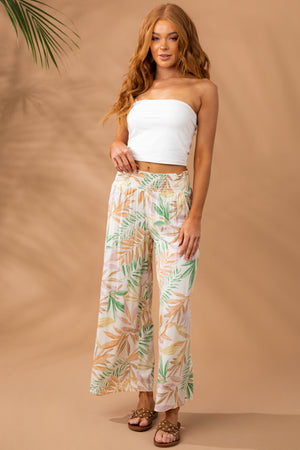 Off White Leaf Print Wide Leg Woven Pants