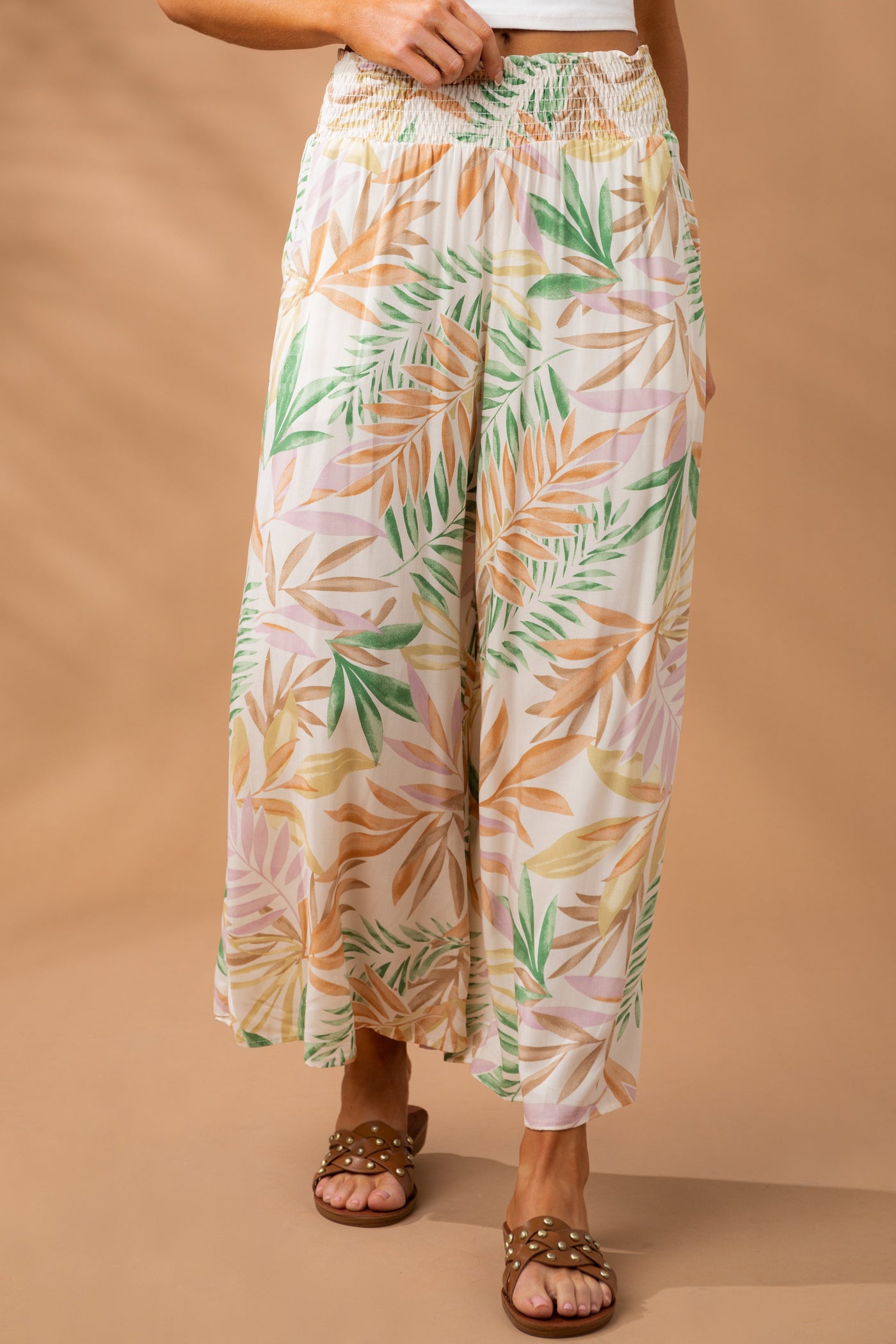 Off White Leaf Print Wide Leg Woven Pants