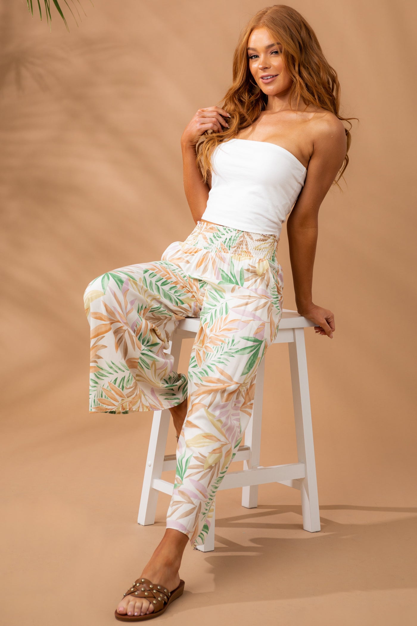 Off White Leaf Print Wide Leg Woven Pants