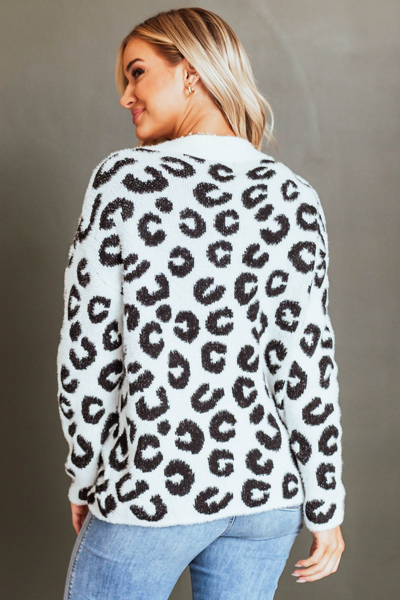 Off White Leopard Print V Neck Sweater