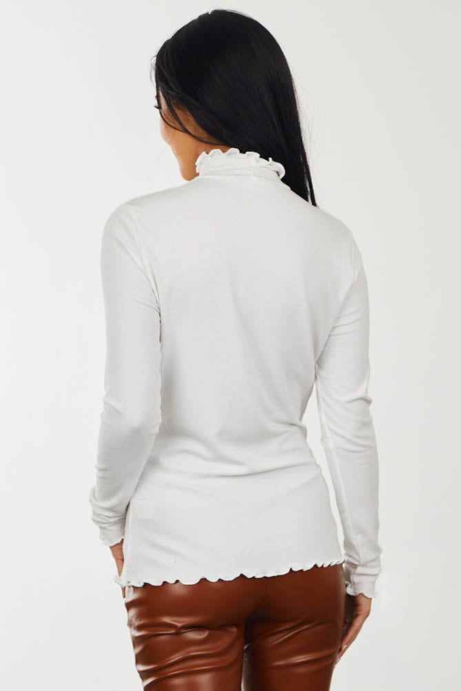 Off White Lettuce Trim Mock Neck Ribbed Top