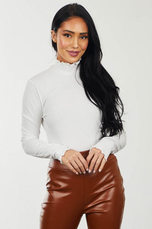 Off White Lettuce Trim Mock Neck Ribbed Top