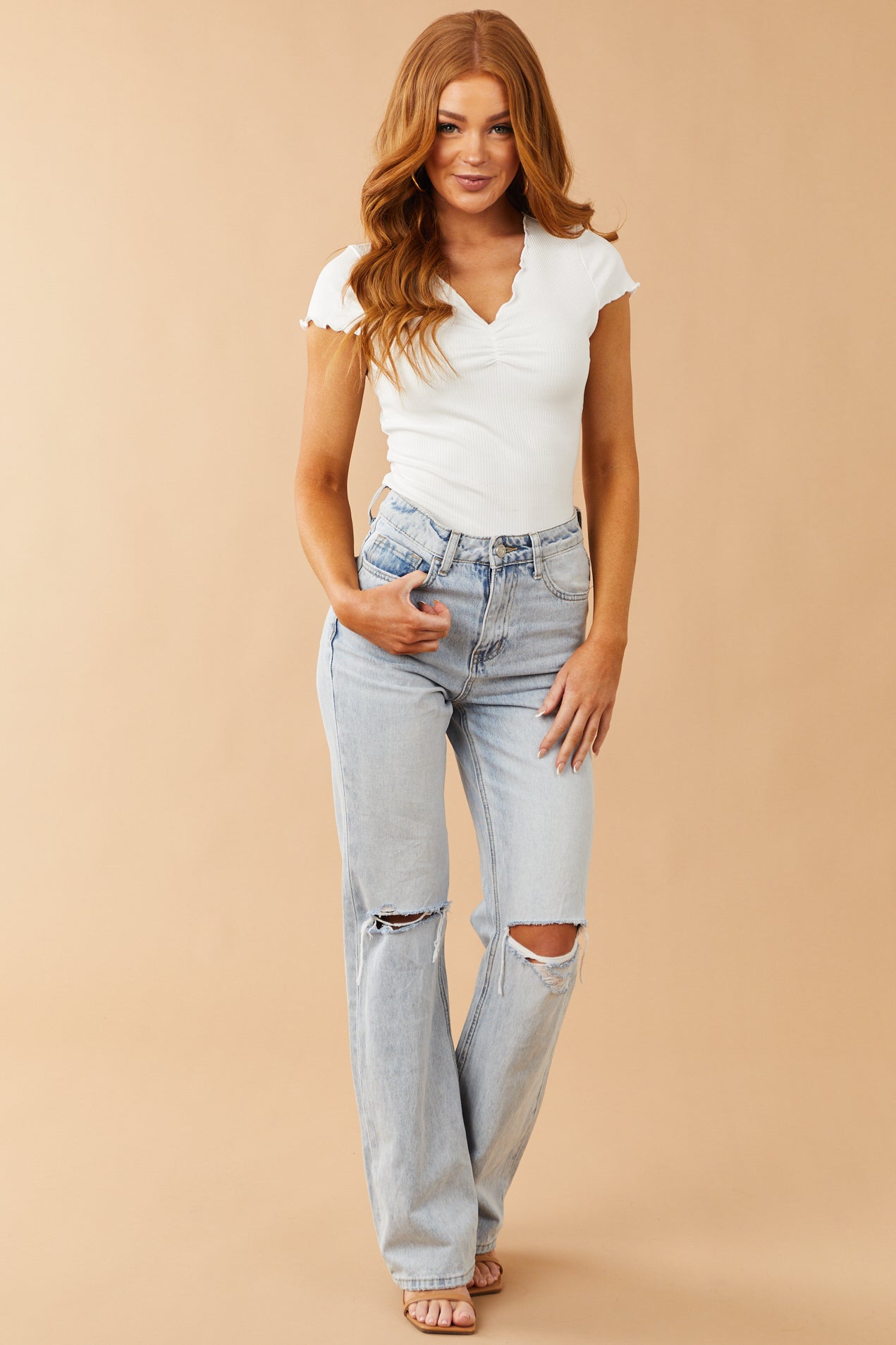 Off White Lettuce Trim V Neck Ribbed Knit Top