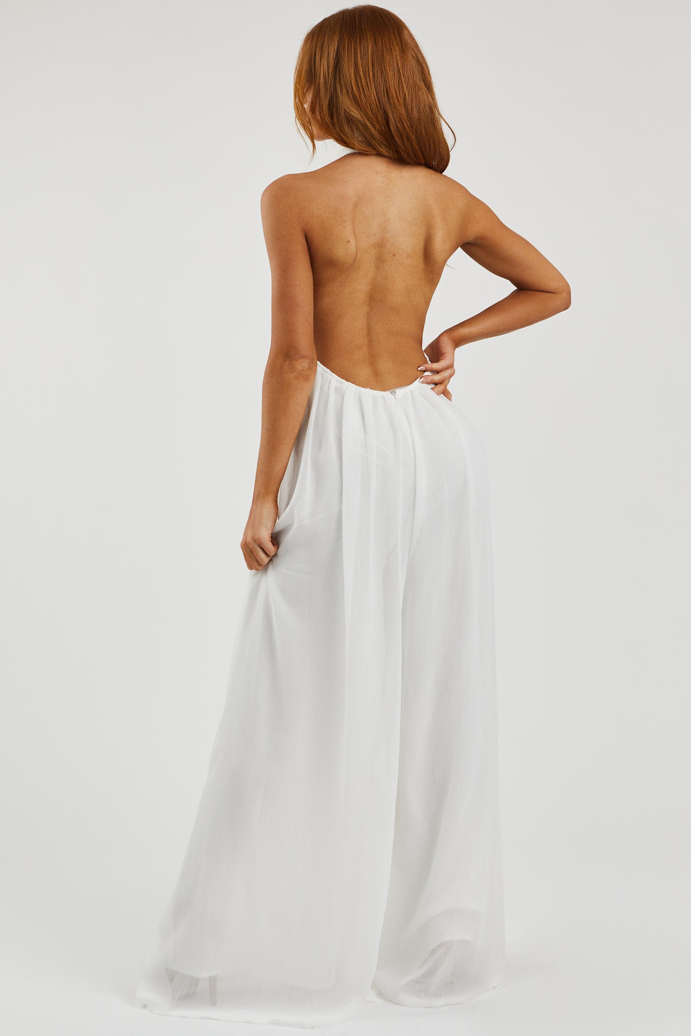 Off White Lined Chiffon Wide Leg Halter Jumpsuit