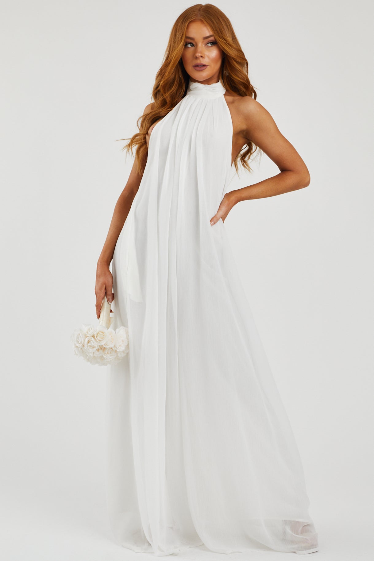 Off White Lined Chiffon Wide Leg Halter Jumpsuit