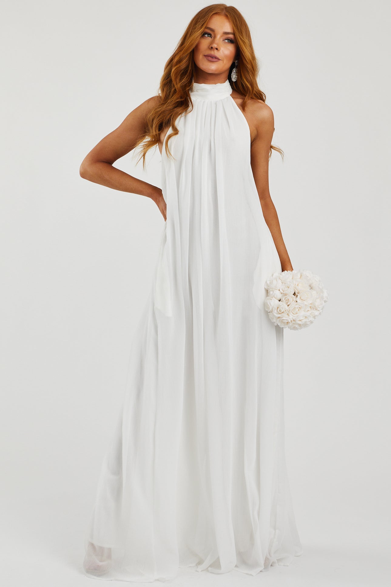 Off White Lined Chiffon Wide Leg Halter Jumpsuit